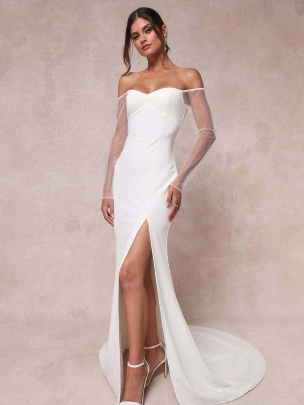 Lulus Eternally Beloved White Mesh Off-the-shoulder Pearl Maxi Dress - Size L
